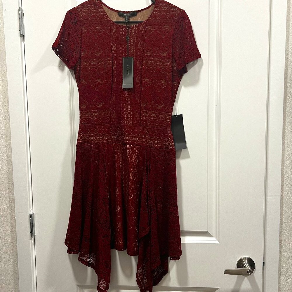 NWT BCBGMaxAzria Dress Size Small Asymmetrical Length in Deep Cranberry Red